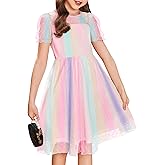 Arshiner Girls Dress Contrast Mesh Puffy Short Sleeve A Line Casual Party Dress 3-12 Years