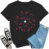 Oxryal American Flag Shirt Women USA Firework Patriotic Print T-Shirts 4th of July Tee Tops