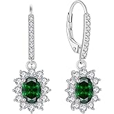 Raymard 925 Sterling Silver Halo Oval Earrings, Classic Princess Diana Leverback Earrings, Women's Dangle Drop Earrings, Birthstones Porm Jewelry Gifts for Women