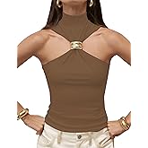Ymejia Womens Sleeveless Halter Tops Pleated Twist Front Slim Fit Date Night Clubwear Halter Neck Tank Tops