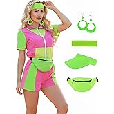 JQAKFIY 80s Outfit for Women 90s Themed Tracksuit Neon Workout Costumes Retro Party Halloween Couples hippie Accessories