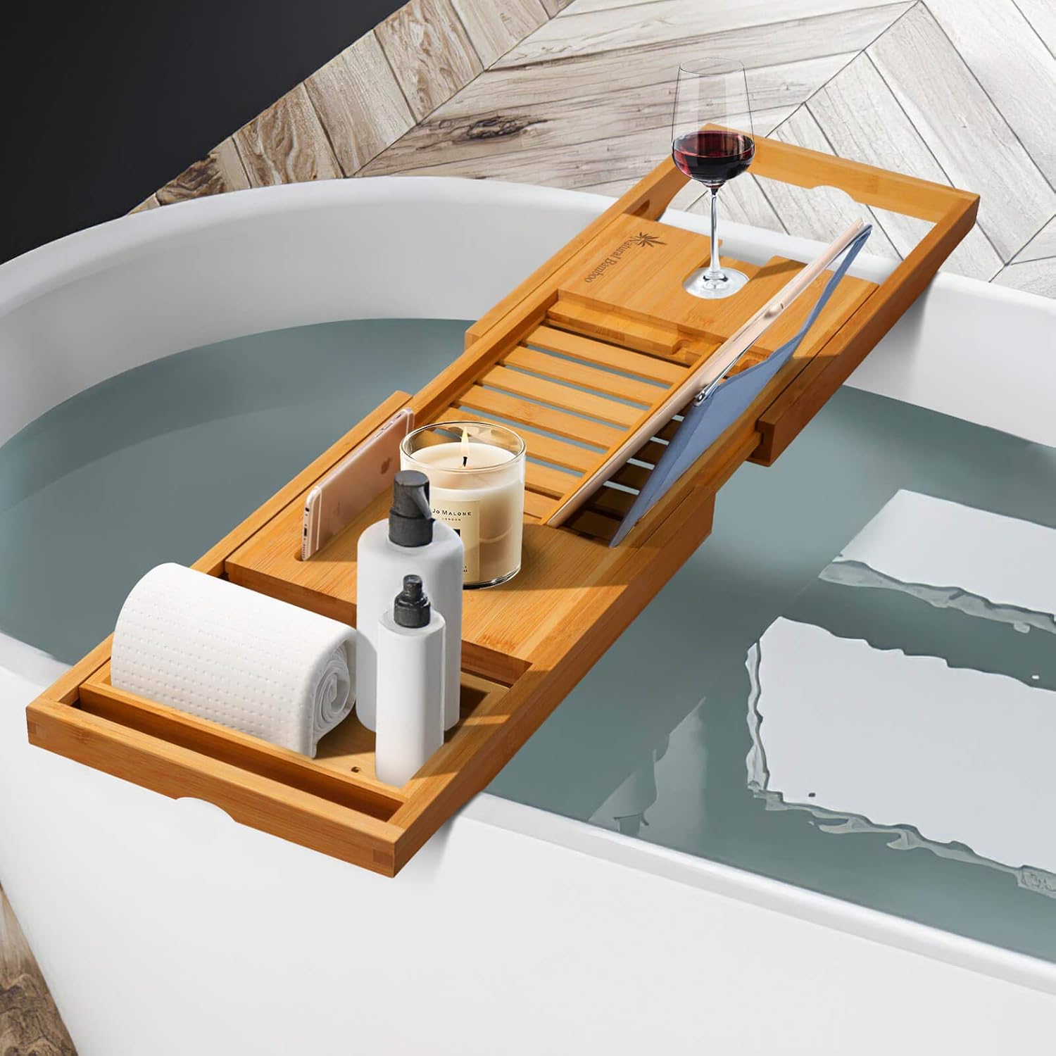 Bamboo Bath Tray Bathtub Caddy | Natural Bamboo Extendable Bath Bridge Tray Shelf for Luxury Bath with Book Holder for Smartphone Mug Wine Glass Pad Soap | Fits Most Bath Sizes (70-105) x22.5x4.5cm: Kitchen & Dining