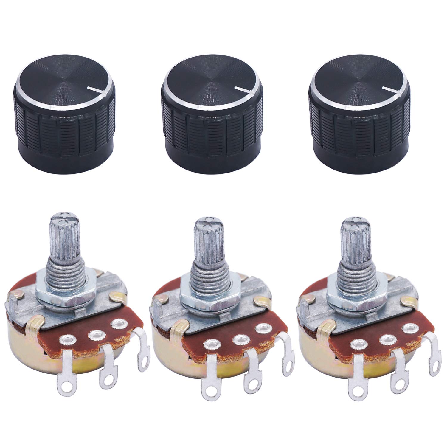 Photo 1 of TWTADE / 3pcs wh138 10k ohm Potentiometer Single Turn Rotary Linear Variable Potentiometer +3pcs black Aluminum alloy knob