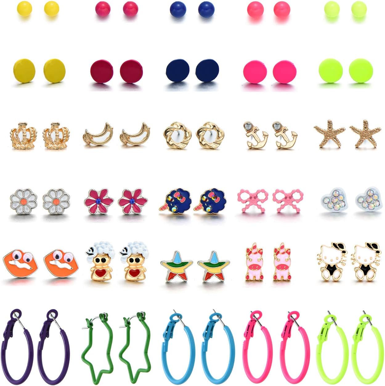 Multi Pack Stainless Steel Assorted Colour Cute Animals Flower Disc Ball Star Love Heart Cat Girls Stud Earrings Sets For Kids，Hypoallergenic