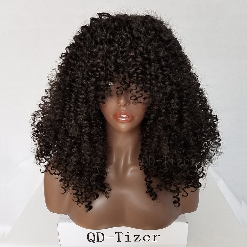 QD Tizer Afro Locken Perücke Synthetik keine Spitzenhaube mit Seide Dichte 61 cm Schwarz Amazon Beauty
