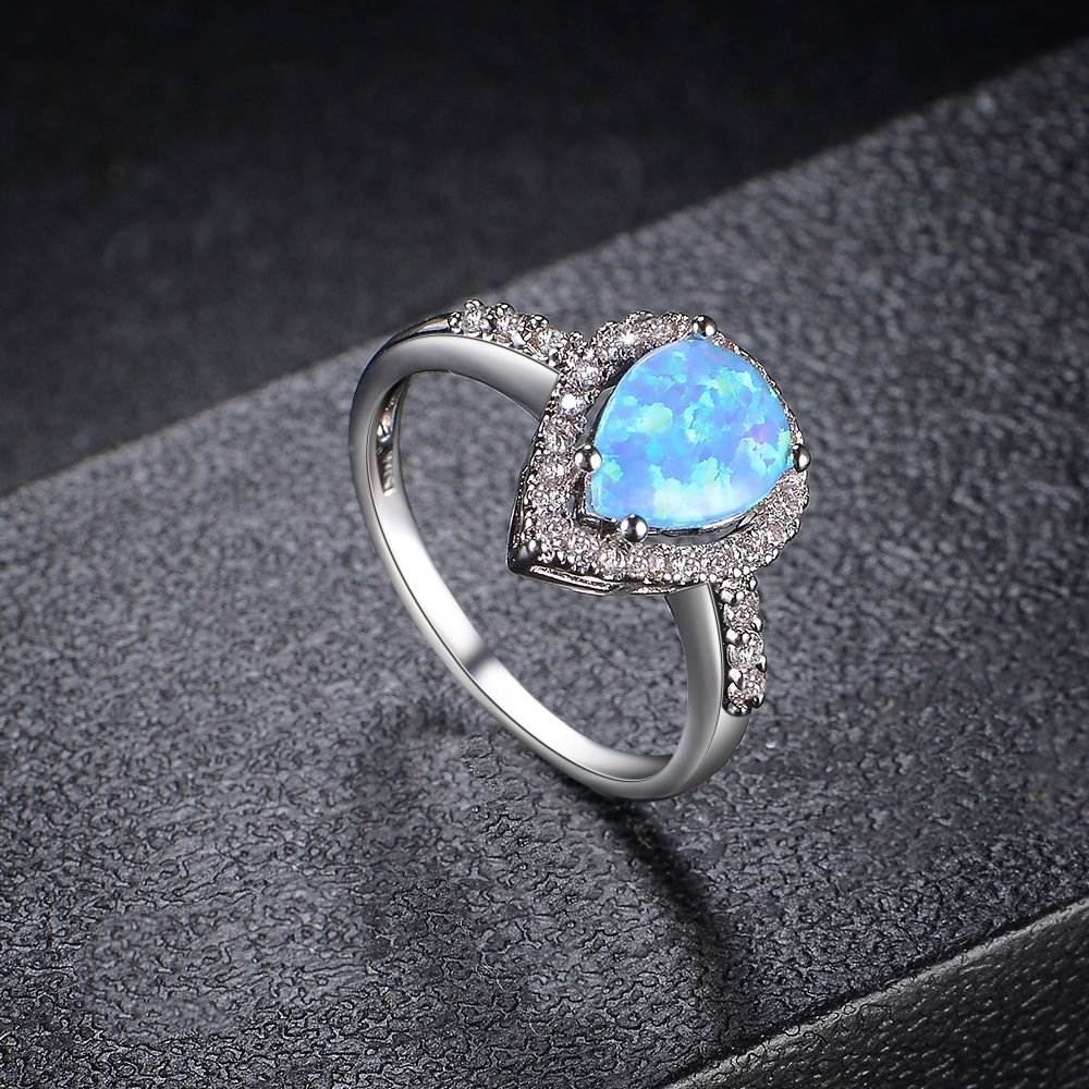 Dnswez Teardrop CZ Cubic Zirconia Blue Fire Opal Ring Silver Statement Band Ring(8)