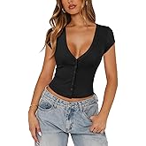 Pungdra Women's Ribbed Button Down Shirt Cap Sleeve Tops for Women Button Up Knit Slim Fit Casual Y2K Crop Going Out Top