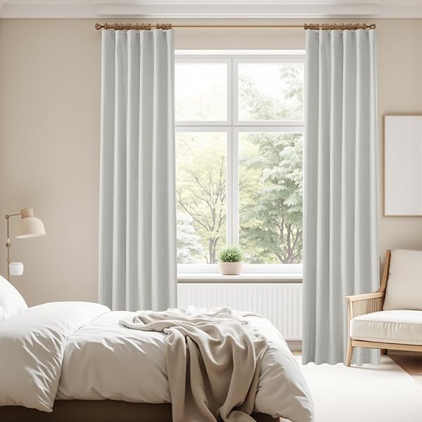 KANGBANG 90 INCH BLACKOUT CURTAINS 2 PANELS,HOOK BELT BACK TAB RUSTIC FARMHOUSE LINEN CURTAINS, HEALING COLORS PLEATED CURTAIN DRAPES FOR LIVING ROOM(52 BY 90 INCHES LONG, LIGHT GREY)