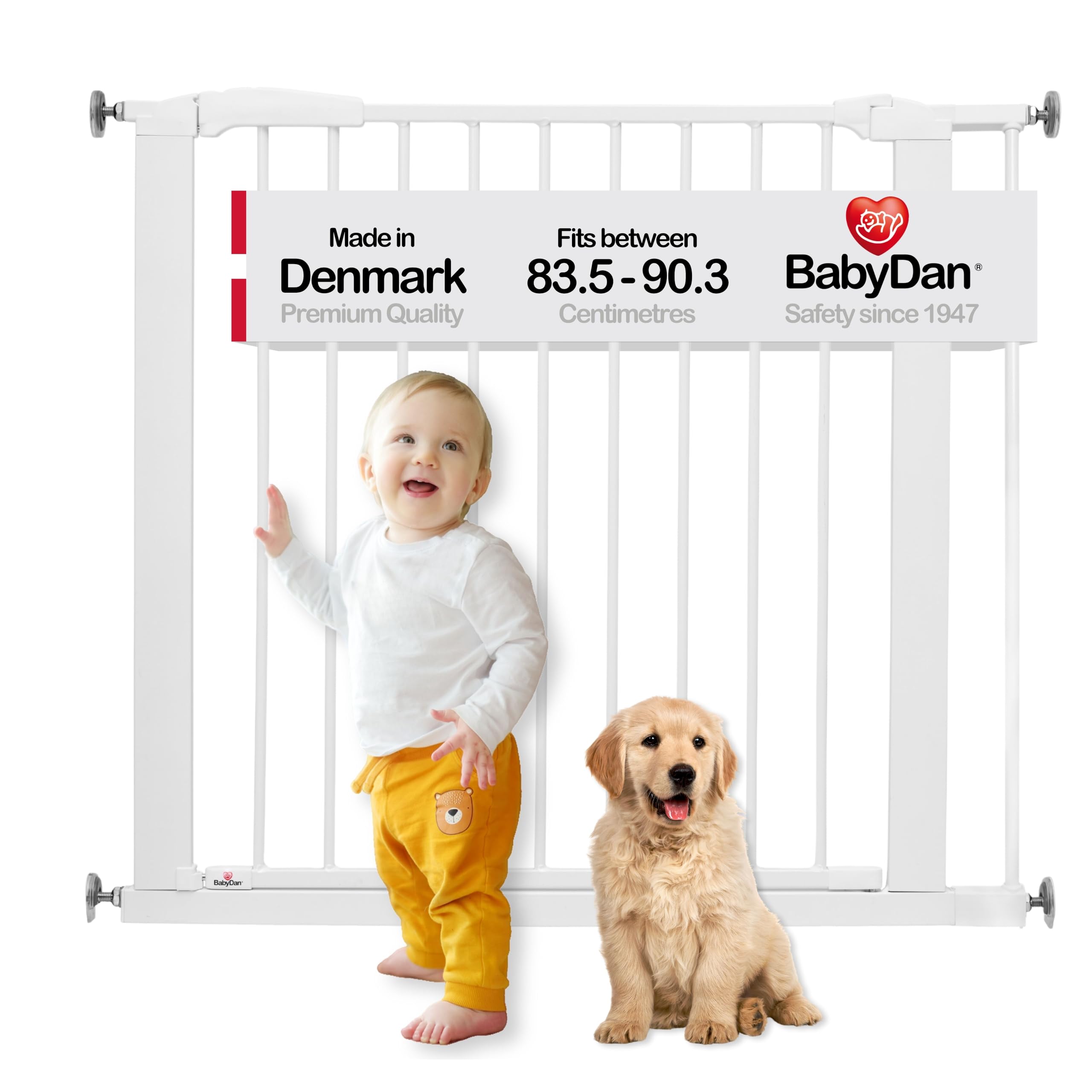 BabyDan Perfect Close, Pressure Fit Stair Gate, 77.3-90.3 cm, Baby Gate/Safety Gate, White, Made in Denmark - (Pet Gate/Dog gate)
