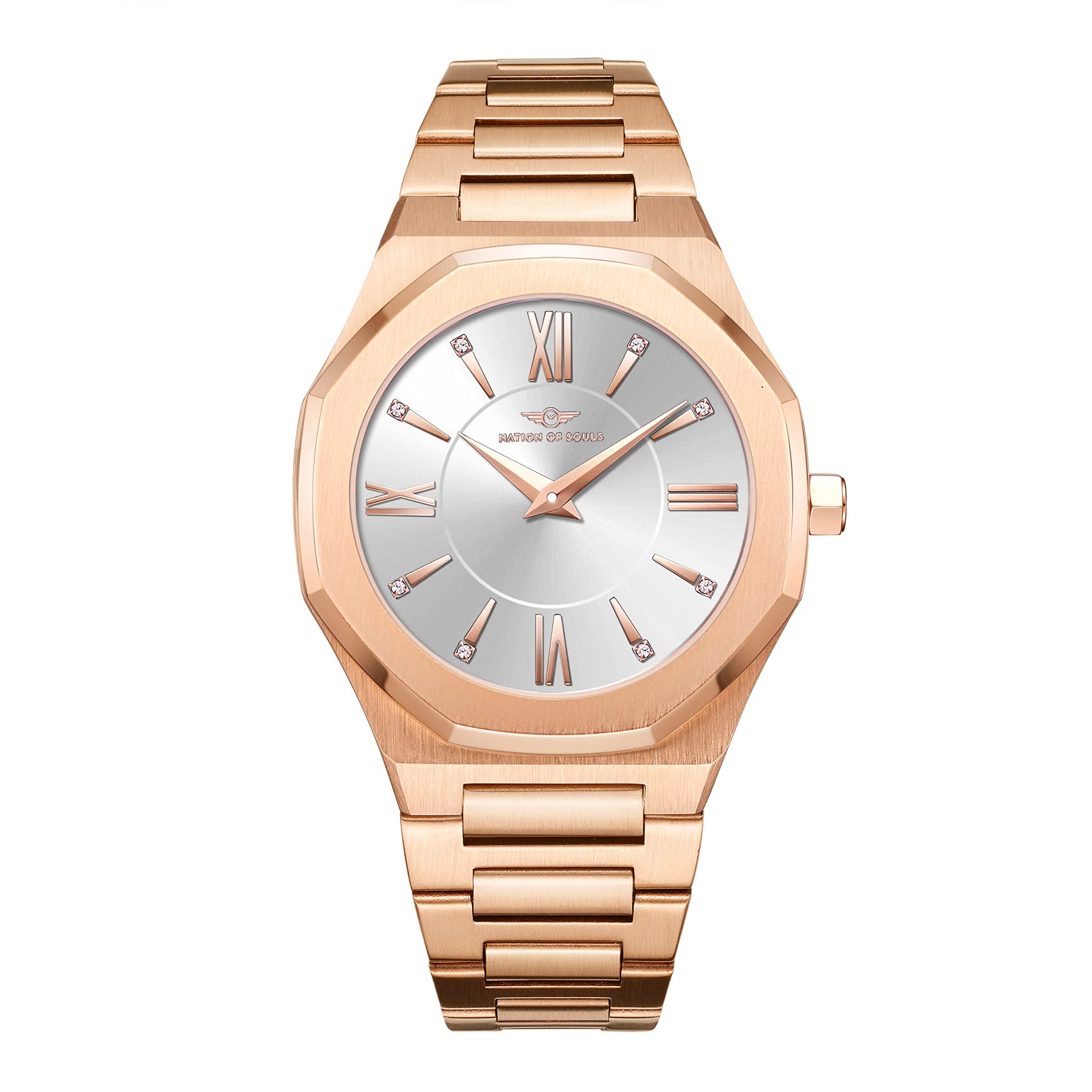 Nation of Souls Livia Watch Collection Womens Rose Gold 34mm Stainless Steel Case and Link Bracelet British Designed Ladies Watches