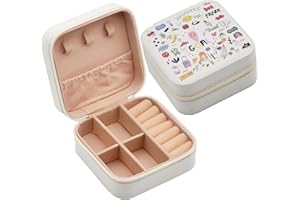 MODENGKONGJIAN Mini Jewelry Travel Case, PU Leather Travel Jewelry Organizer Box, Small Portable Portable Jewellery Storage Holder for Womens Rings Earrings Necklaces Bracelets (White Graffiti)