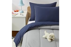Amazon Basics Kids' 3 Piece Lightweight Cotton Shell Reversible Comforter Set with Sham, USTCP Certified Cotton Shell, Full/Queen, Navy Blue and Grey, Solid