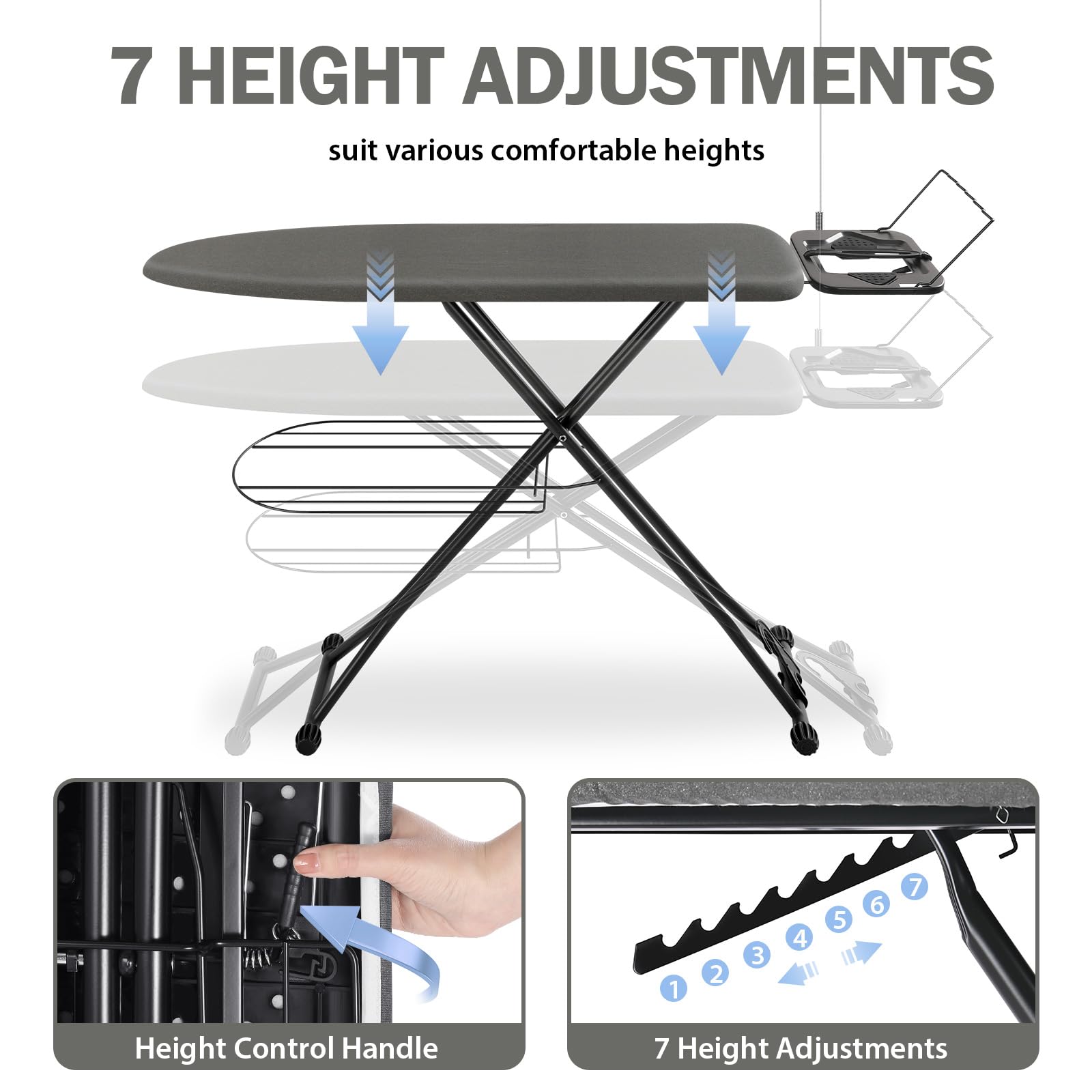 APEXCHASER Ironing Board, Compact Iron Board with Iron Rest and Hanger and Silicone Irons Harness, 7 Adjustable Heights & Extra Thick Cover, Folding Heavy Duty Ironing Board, Black