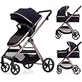 Lortsybab 2 in 1 Baby Stroller, Newborn Infant Toddler Convertible Bassinet Pram Stroller for 0-36 Months Old Babies (Black)