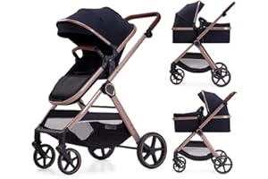 Lortsybab 2 in 1 Baby Stroller, Newborn Infant Toddler Convertible Bassinet Pram Stroller for 0-36 Months Old Babies (Black)