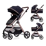 Lortsybab 2 in 1 Baby Stroller, Newborn Infant Toddler Convertible Bassinet Pram Stroller for 0-36 Months Old Babies (Black)