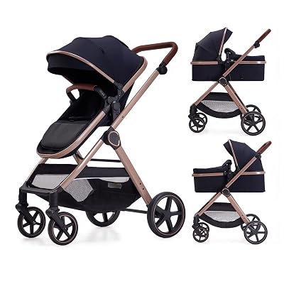 Lortsybab 2 in 1 Baby Stroller, Newborn Infant Toddler Convertible Bassinet Pram Stroller for 0-36 Months Old Babies (Black)