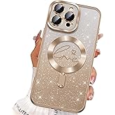 Misscase Magnetic Glitter Case for iPhone 16 Pro Max,Gradient Love Hearts Plating Phone Case Compatible with MagSafe,Built-in Camera Lens Protector,Cute Full Cover Protection Case for Women-Gold