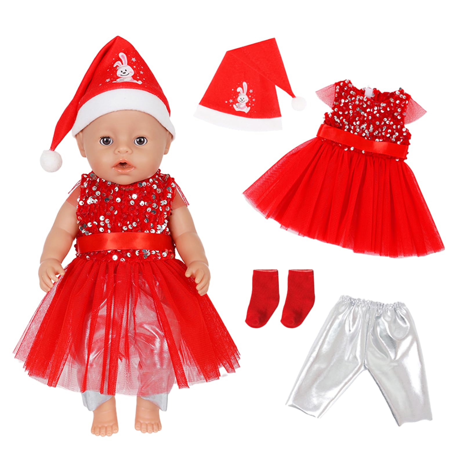 4Pcs Baby Dolls Clothes for 30-45cm Doll, Christmas Sweet Dolls Dress, Red Sequins Doll Clothes Outfit and Accessories Including Dress Leggings Christmas Hat socks Kids