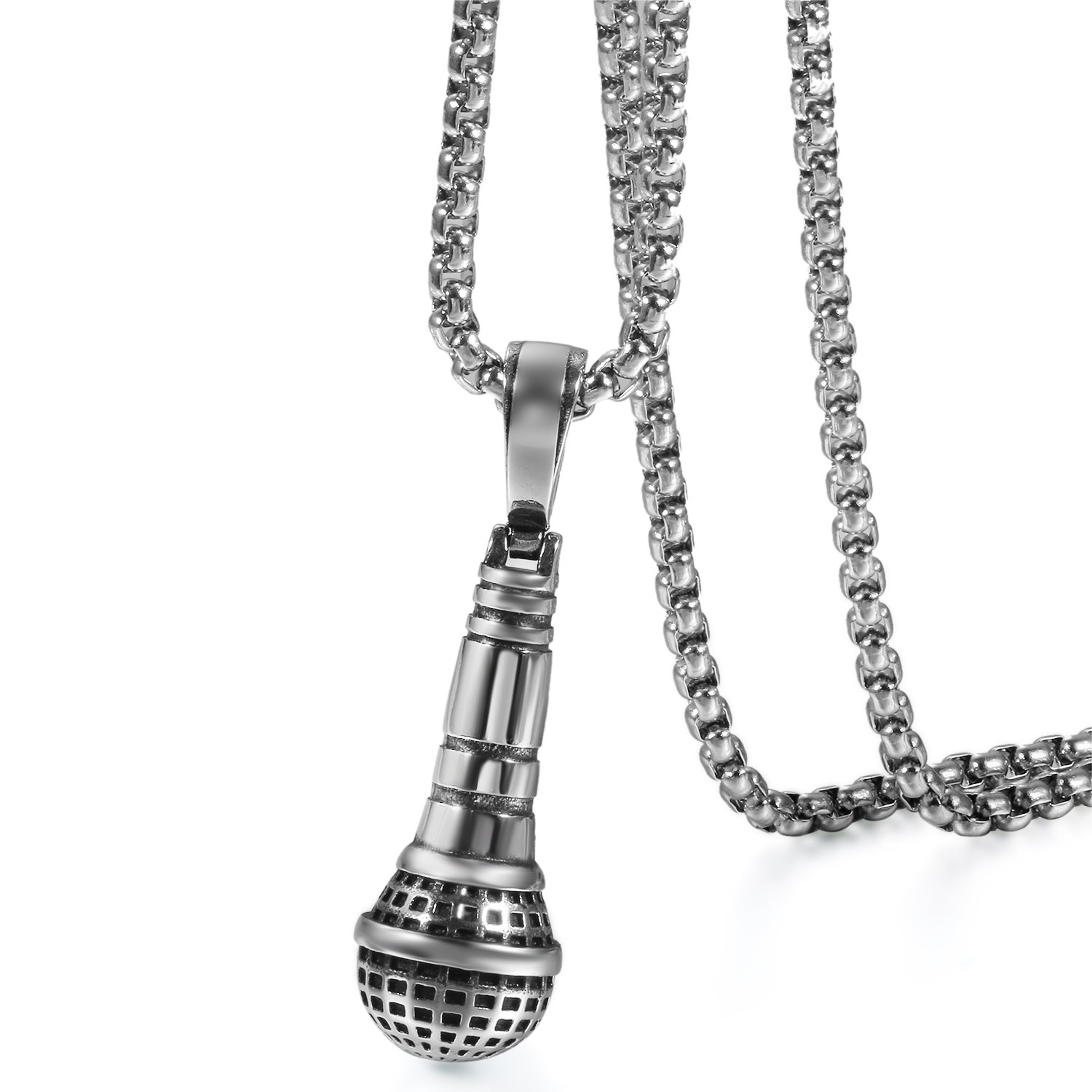 Cupimatch Stainless Steel Microphone Karaoke Pendant Necklace with Chain 22 inch