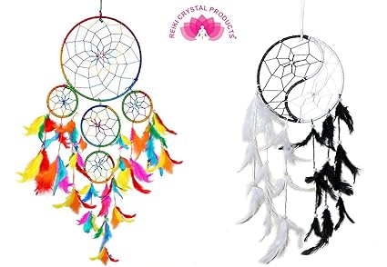 Reiki Crystal Products 5 Round and Yin Yang Dream Catcher for Wall Hanging (Multicolour) - Pack of 2
