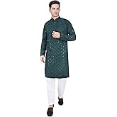 TRILOKI Mens Embroidered Sequined Kurta Pajama Set Rayon Ethnic Indian Traditional Wear