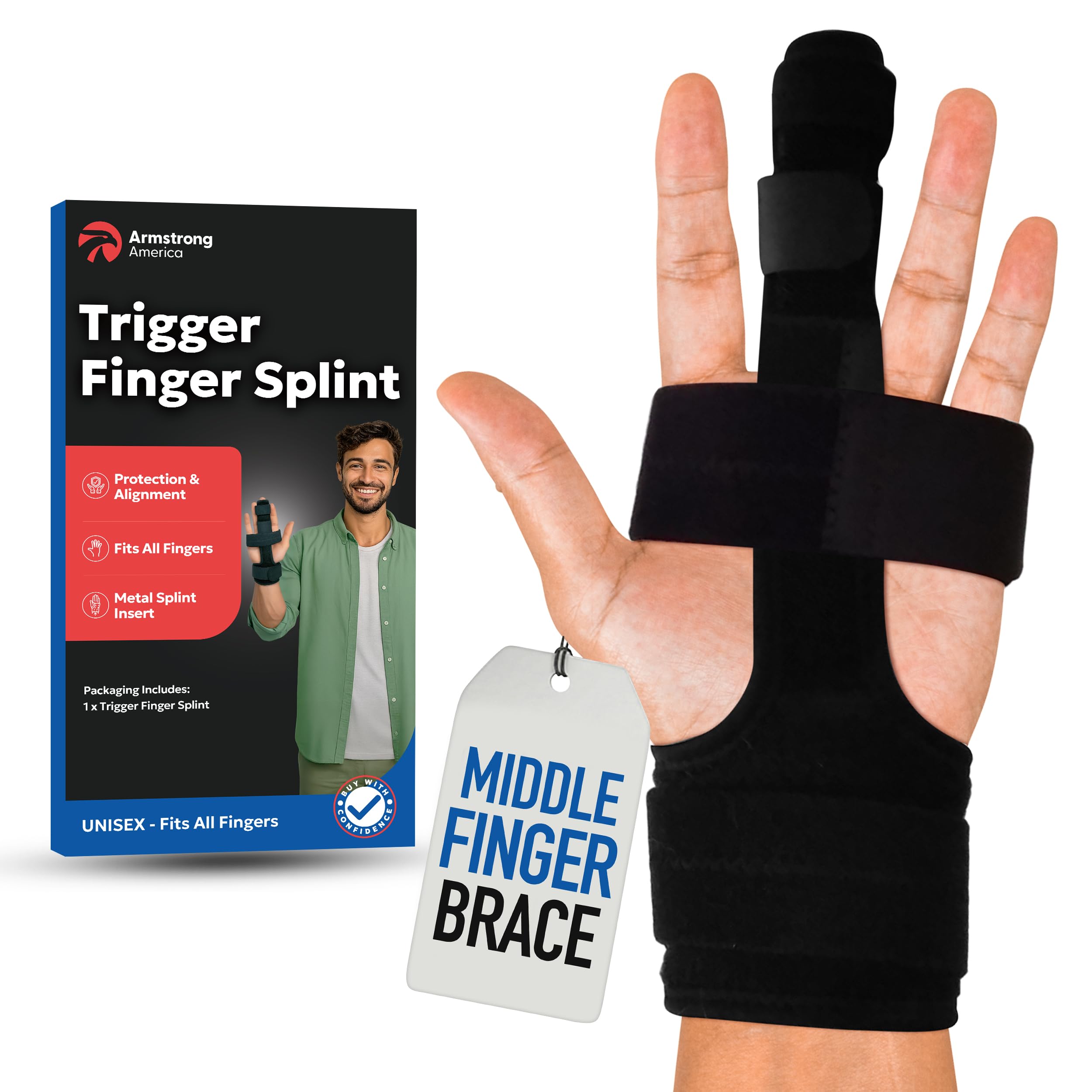 Trigger Finger Splint Middle Finger Brace | Finger Splint For Broken or Fractured Middle Fingers, Arthritis, Tendonitis, Tenosyvitis | Mallet Trigger Finger Straightener Immobilizer | S/M