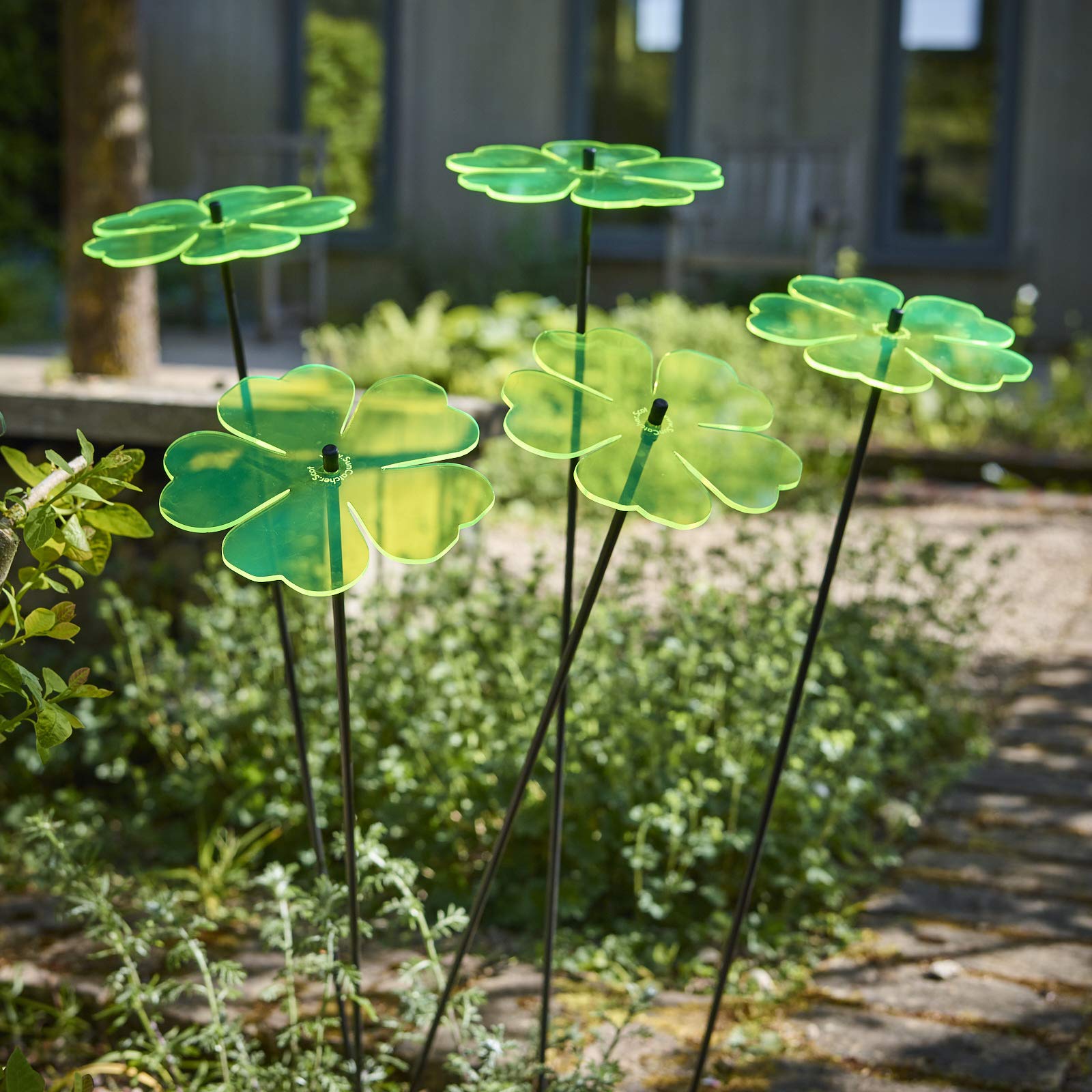 Sun Catcher Garden Decor Set of 5 Large Double Blossoms Ornamental Stakes 75cm, 29.5 inch high Outdoor Yard Accessory Lovely Gardeners Gift, Colour:Green