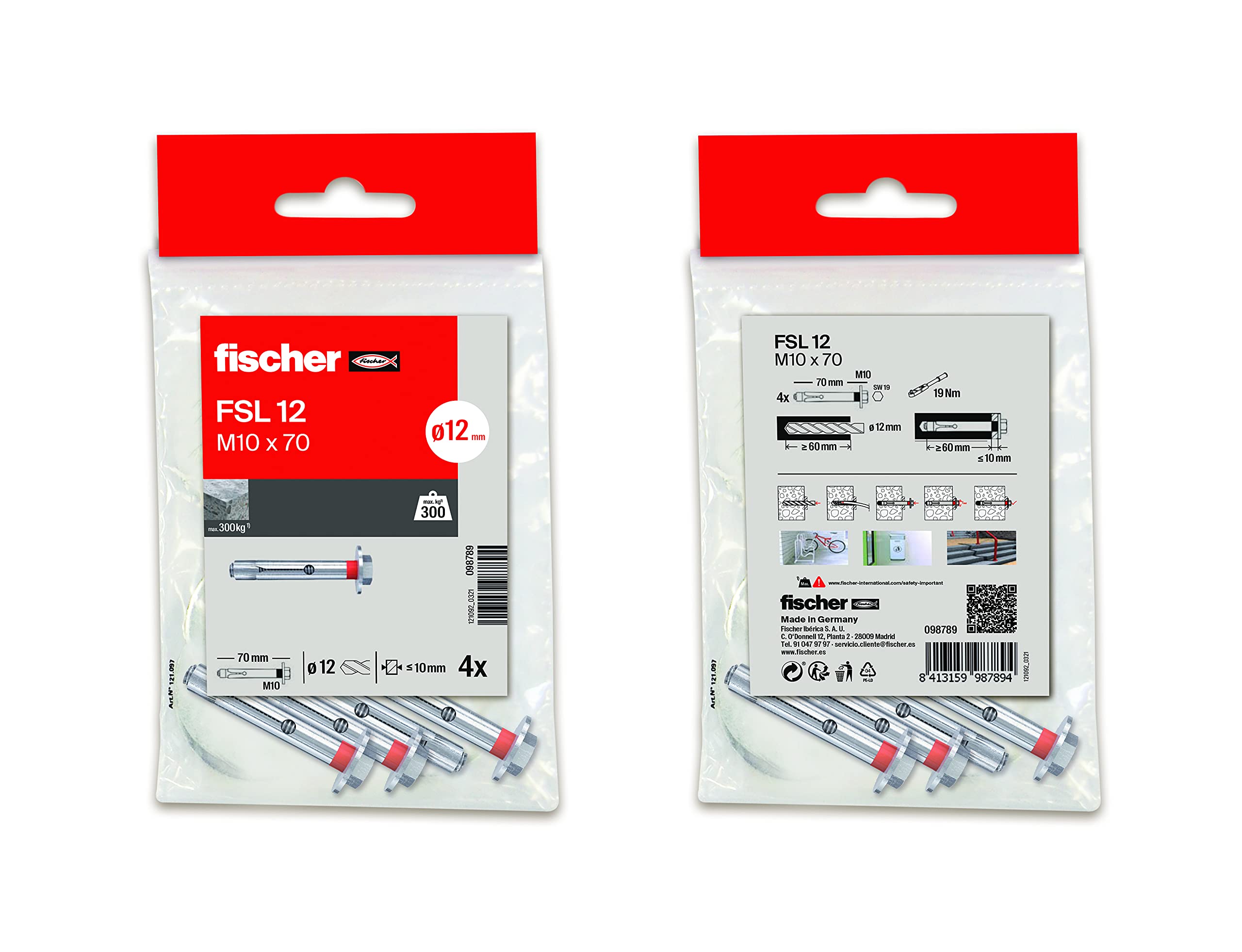 fischer - Metal Expansion Anchor, Concrete dowels, wall, Bag of 16 FSL M10 x 70