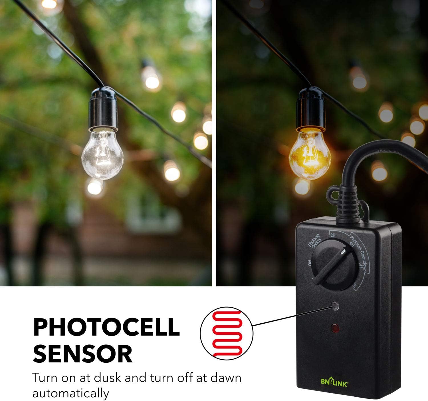 BN-LINK Outdoor 24-Hour Timer With Photocell Light Sensor, Water Resistant Photoelectric Countdown Timer(2, 4, 6 or 8 Hours Mode), Weatherproof, Two (2) Grounded Outlets for Home and Garden, Black - - 