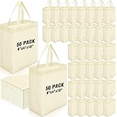 Windyun 50 Pcs Reusable Tote Bag Bulk 8 x 4 x 10 Inch Non Woven Shopping Bag with Handle Christmas Reusable Grocery Gift Tote (Beige)
