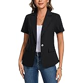 MINTLIMIT Womens Blazers Jacket Suit Short Sleeve Button Front Casual Cotton Linen Jackets Tailored Blazer Coat Outfit for Daily/Work,Black,2XL
