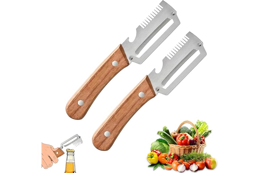 2 Pack Multifunctional Vegetable Peeler, 3-in-1 Peelers For Kitchen with Bottle Opener, Sharp Stainless Steel Swivel Blade, Wooden Handle, For Vegetables or Fruits that Need to Be Peeled