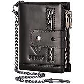 V LUVIAS Anti-Theft Mens Wallet with Chain Genuine Leather ID Window Purse with RFID Blocking Bifold Double Zipper Coin Pocket with Gift Box