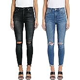 PerZeal Women's Skinny Ripped Trendy Jeans Mid Waisted Destroyed Denim Pants with Frayed Hem (Pack of 2)