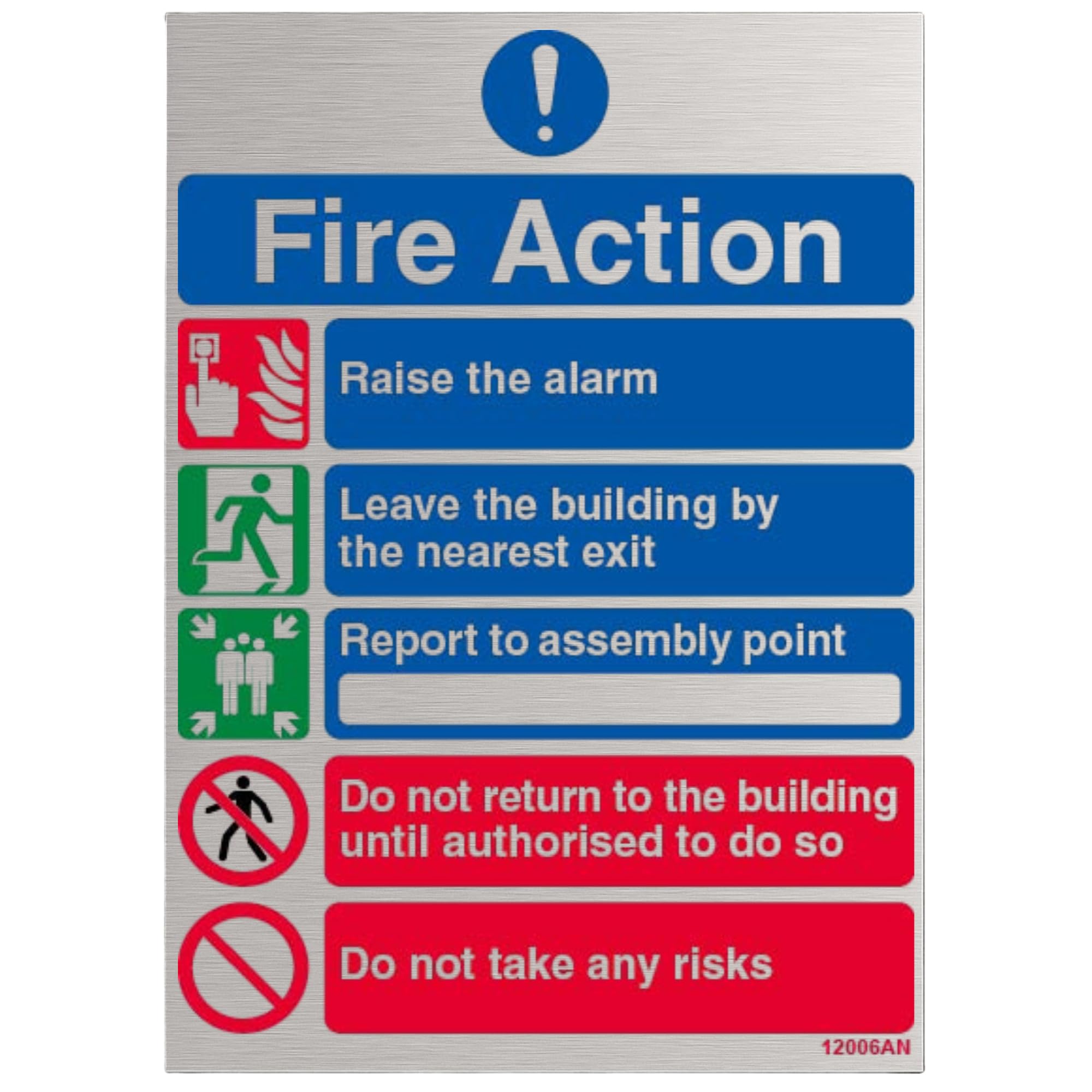 V Safety General Fire Action 5 Message Risks Sign - 150mm x 200mm - 3mm Brushed Alu Comp