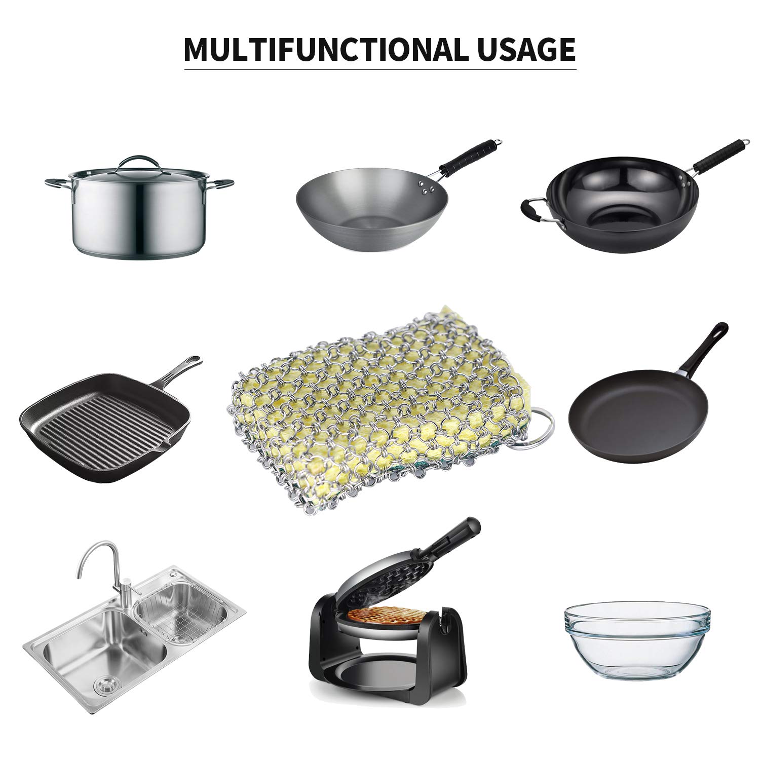 Tafond Cast Iron Skillet Cleaner with Wood Pulp Sponge Stainless Steel Chainmail Scrubber Cookware Pan Pot Dutch Oven Grill Scraper & Scrubber