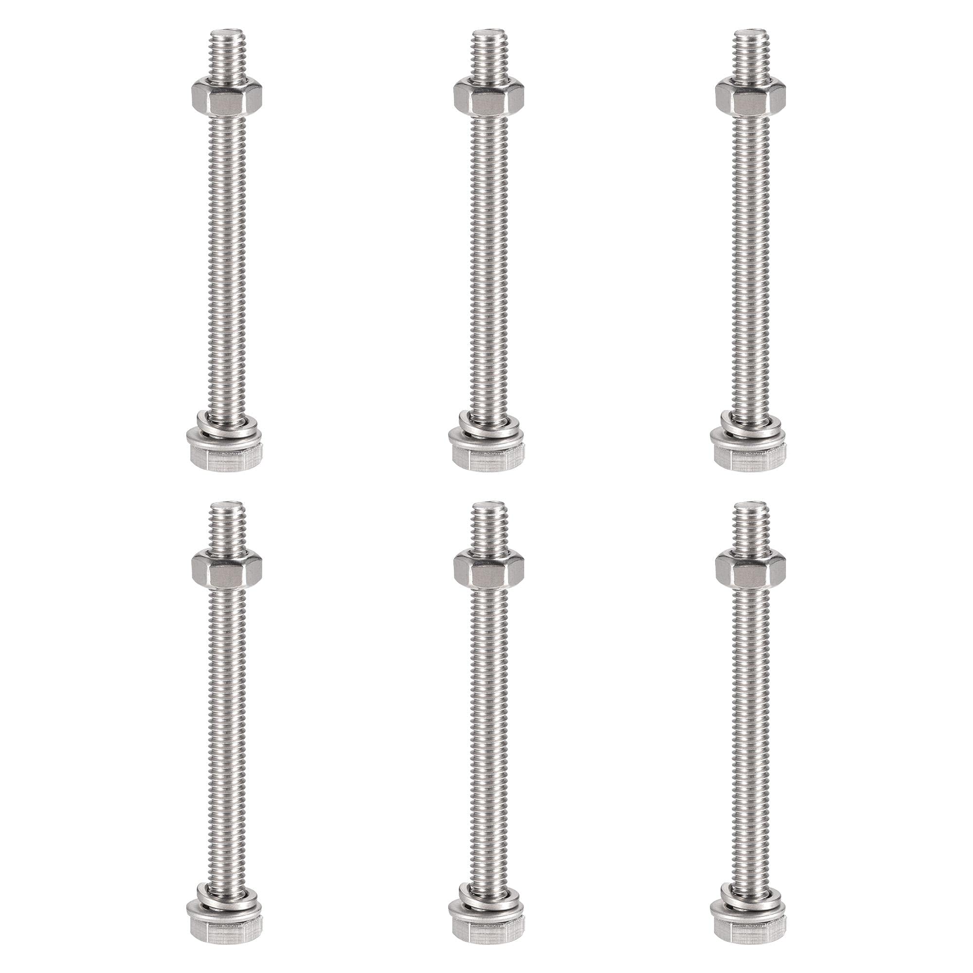 Photo 1 of uxcell M6 x 70mm Hex Head Screws Bolts, Nuts, Flat & Lock Washers Kits, 304 Stainless Steel Fully Thread Hexagon Bolts 6 Sets