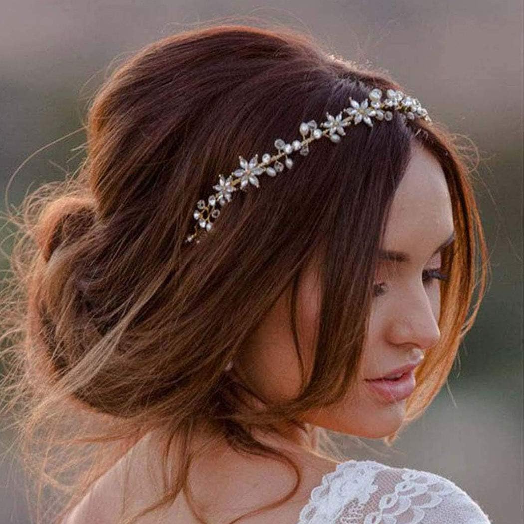 Ushiny Wedding Flower Hair Vines Gold Rhinestone Headband Bridal Hair Headpieces Bride Hair Jewelry Accessories for Women and Girls
