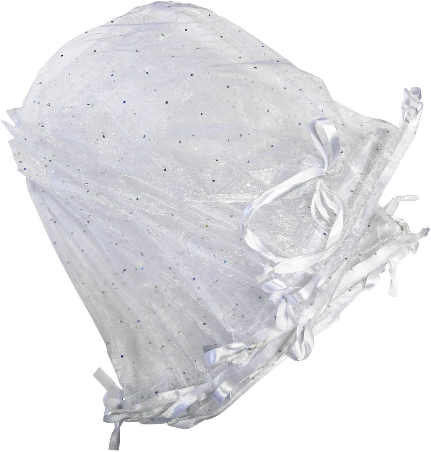 Sams Organza Drawstring Shoe Bags with Glitter Sequins - For Storage - 10 White Organza Bags - Large Size - Shoe Bags for Travel - Gift bag - Weddings
