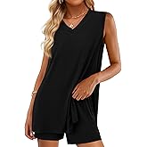 PRETTYGARDEN Women's 2026 Summer 2 Piece Shorts Sets V Neck Long Tank Tops High Waisted Loose Fit Matching Travel Outfits