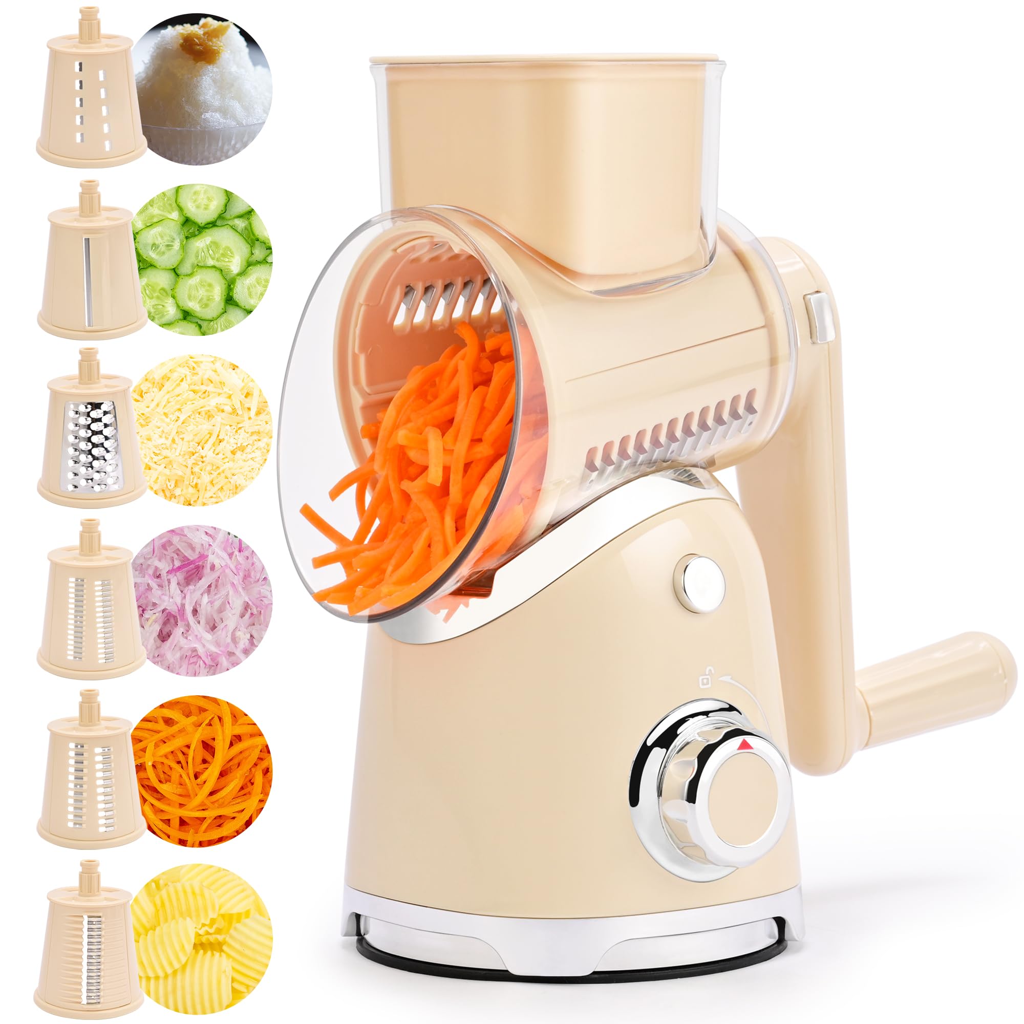 Photo 1 of (MISSING HANDLE) SUSTEAS Rotary Cheese Grater with Handle, Vegetable Slicer, 6 Interchangeable Blades, Reinforced Suction, Easy to Clean, Kitchen Shredder for Crushed Ice, Fruits, Nuts with Blade Storage Case, Beige