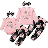 AMAWMW Big Sister Little Sister Matching Outfits Toddler Girl Clothes Newborn Baby Ruffle Romper Floral Pants Headband 3Pcs