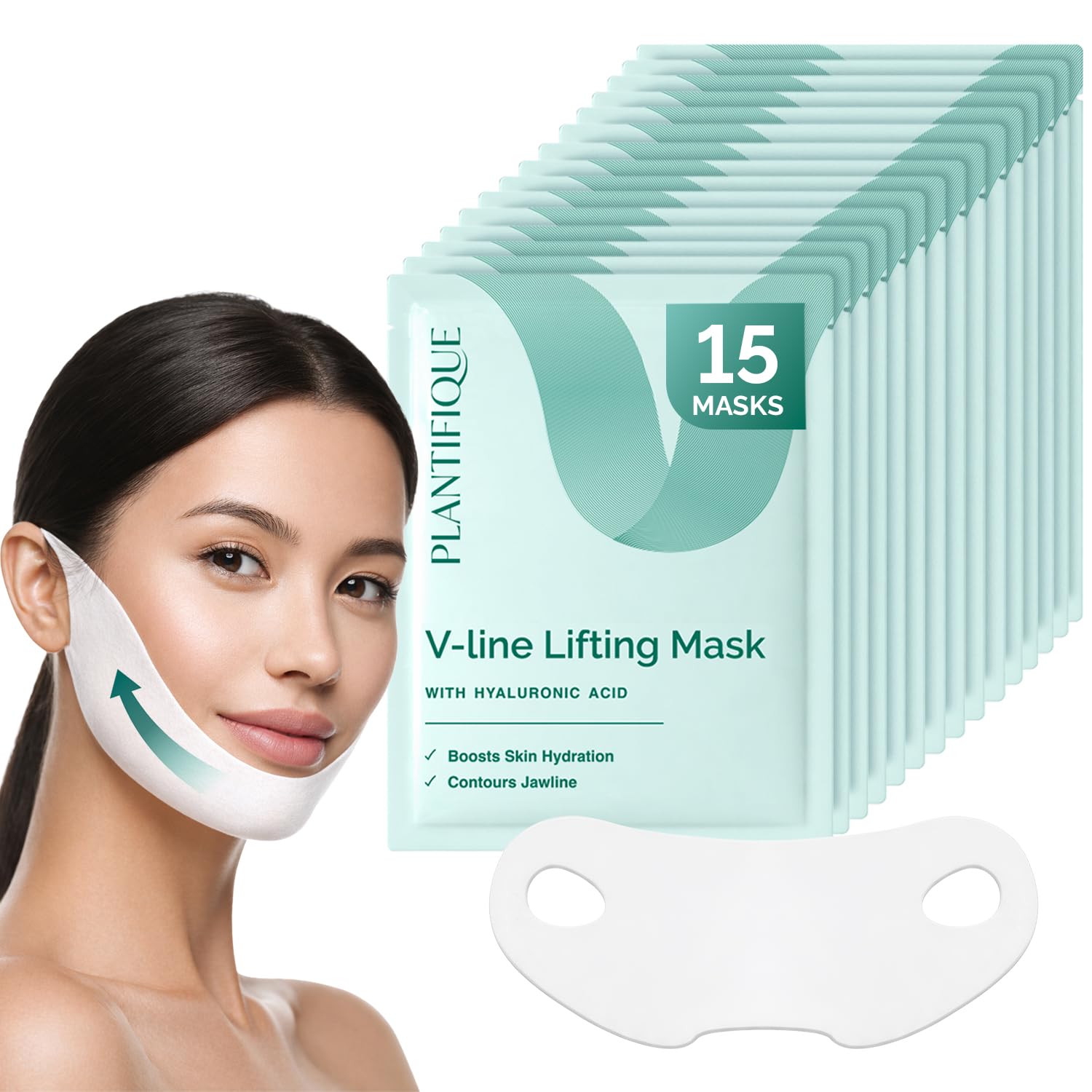 PLANTIFIQUE V-Line Face Lifting Chin Mask, 15 PCS - Hydrogel Chin Strap with Hyaluronic Acid and Aloe Vera - Jawline Shaper & Neck Firming