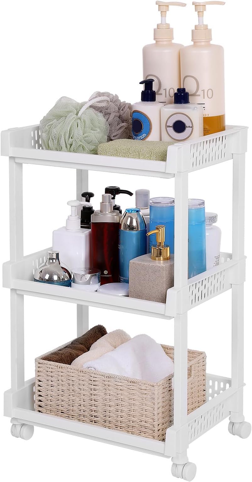 SONGMICS Rolling Trolley Storage Unit 3 Shelves KSC03WT Kitchen Bathroom