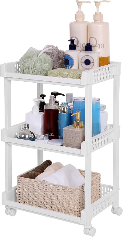 SONGMICS Rolling Trolley Storage Unit 3 Shelves KSC03WT Kitchen Bathroom