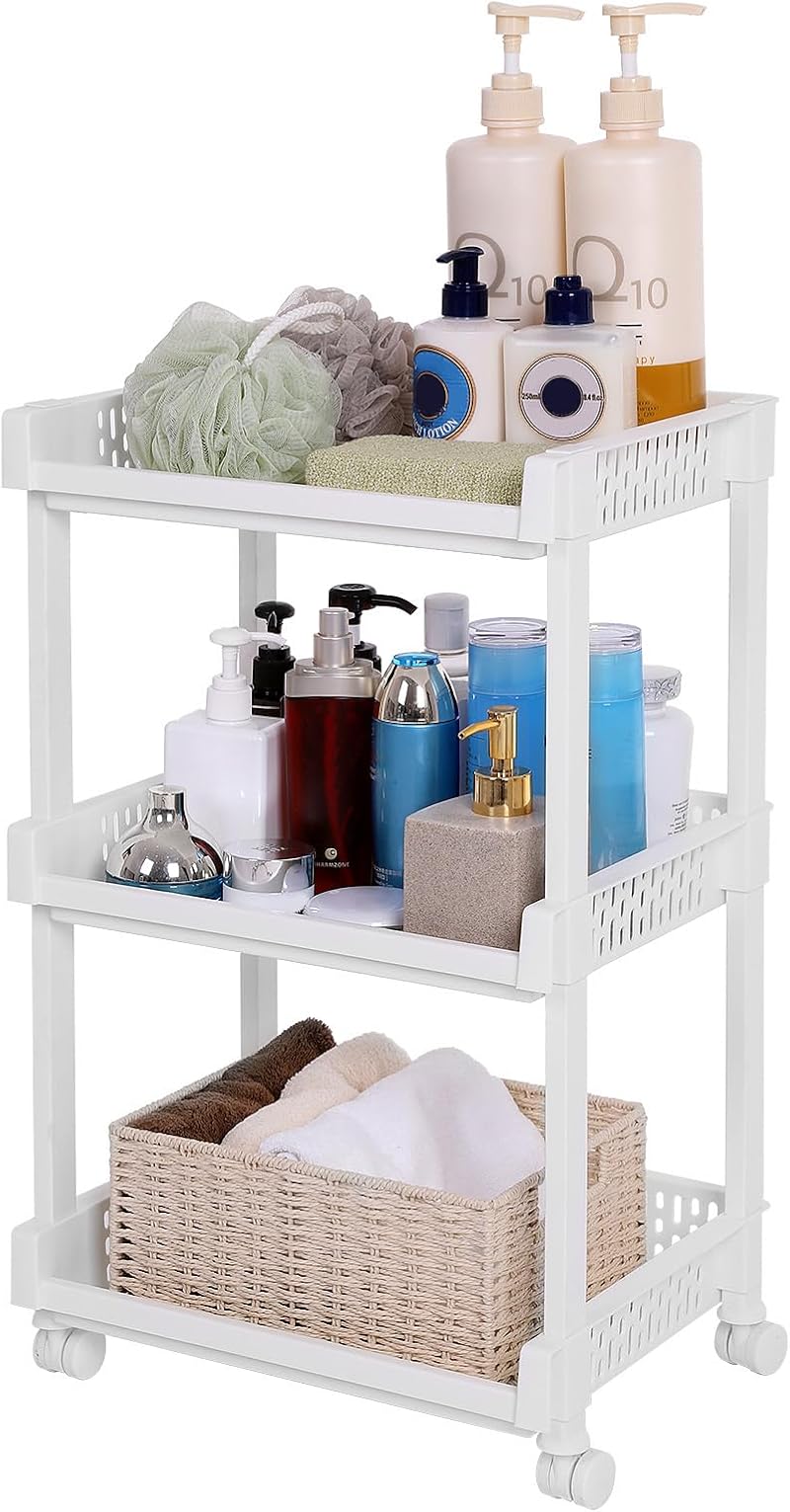 SONGMICS Rolling Trolley Storage Unit 3 Shelves KSC03WT Kitchen Bathroom