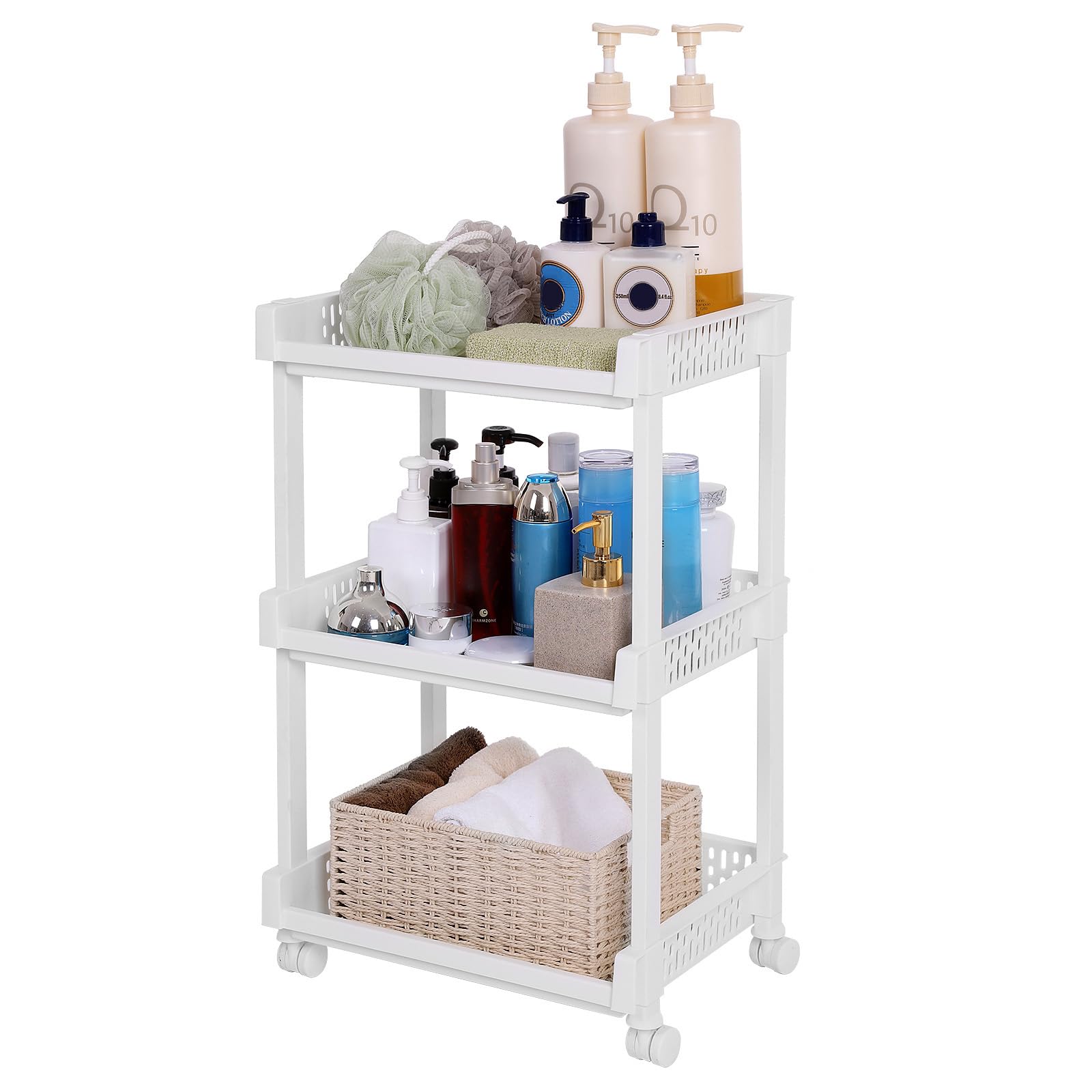 SONGMICS Rolling Trolley Storage Unit with 3 Shelves for Kitchen Bathroom Cellar KSC03WT