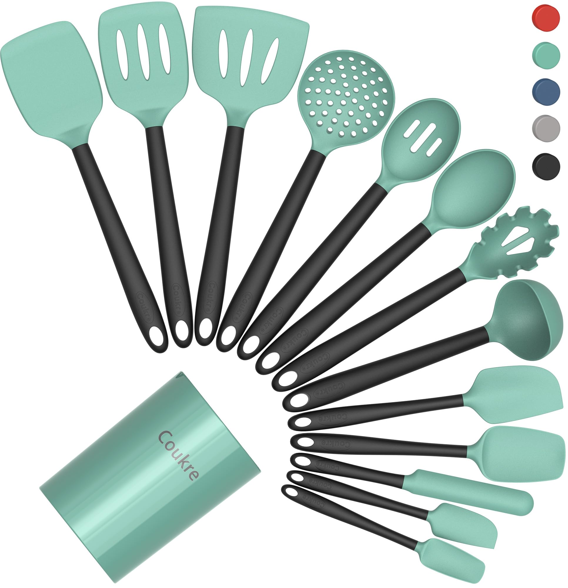 Photo 1 of Coukre Silicone Kitchen Cooking Utensils Set with Holder – Heat-Resistant, Food-Grade Kitchen Tools, Spatula, Spoon & Gadgets for Non-Stick Pans, Dishwasher Safe (14, AquaGreen)