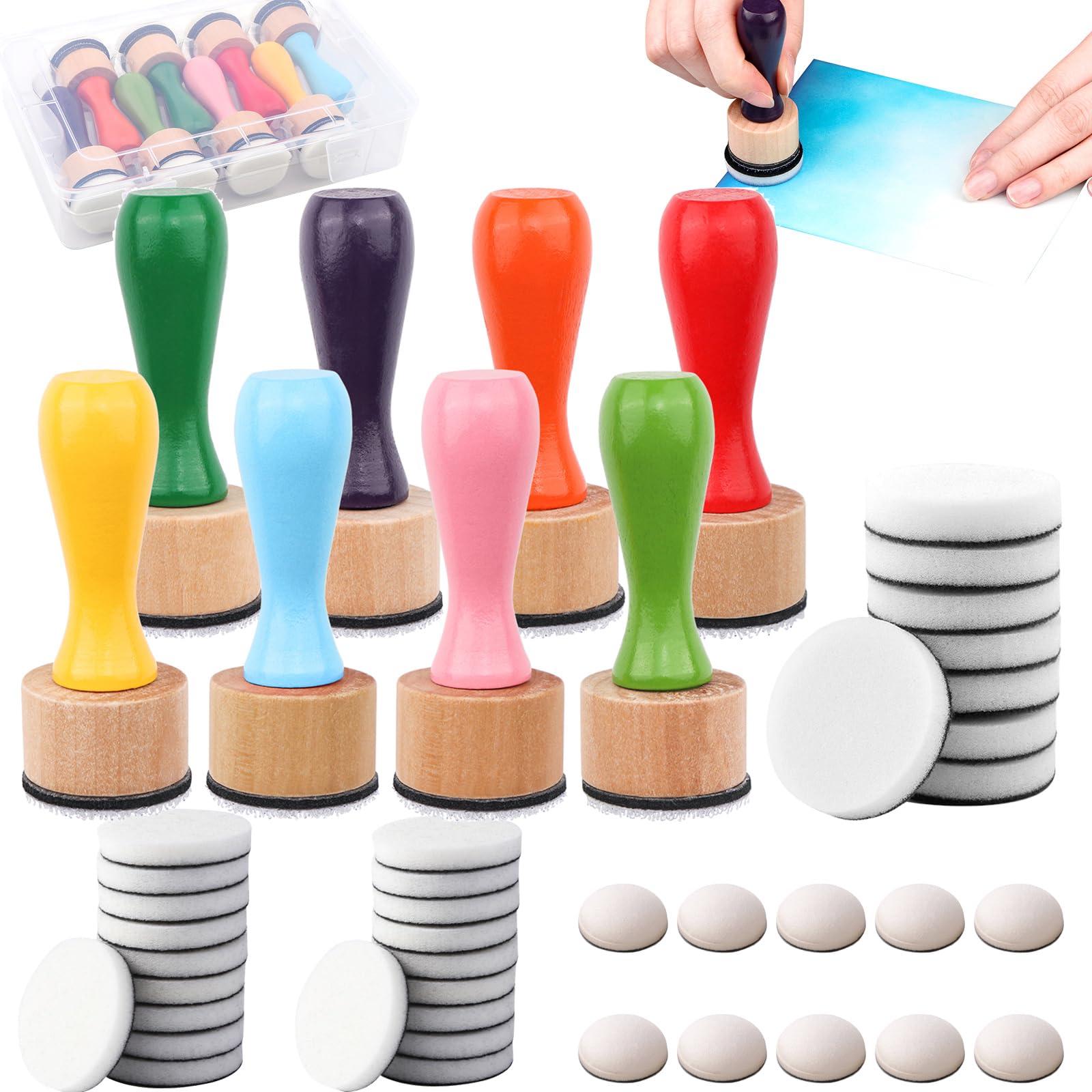 47 Packs Ink Blending Foam Pads Set, Includes 8 Pcs Round Mini Applicator Tools and 38 Pcs Replacement Foam Pads in 1 Storage Box for Drawing, Distressing, Blending, Card Making, Stamping